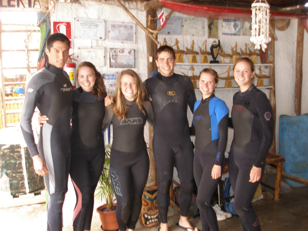 In our wetsuits before heading to the beach to surf